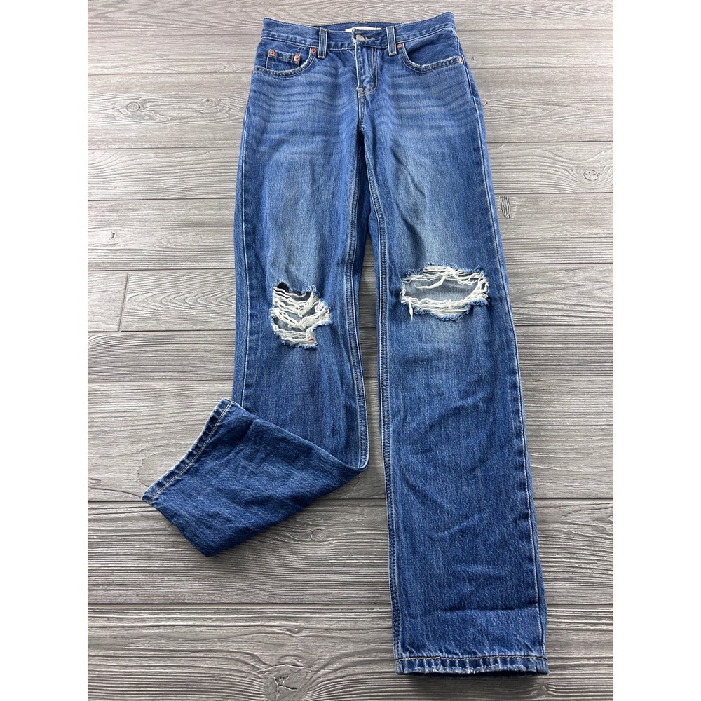 Levis Low Pro Straight Distressed Ripped Jeans Medium Wash Blue Denim 23